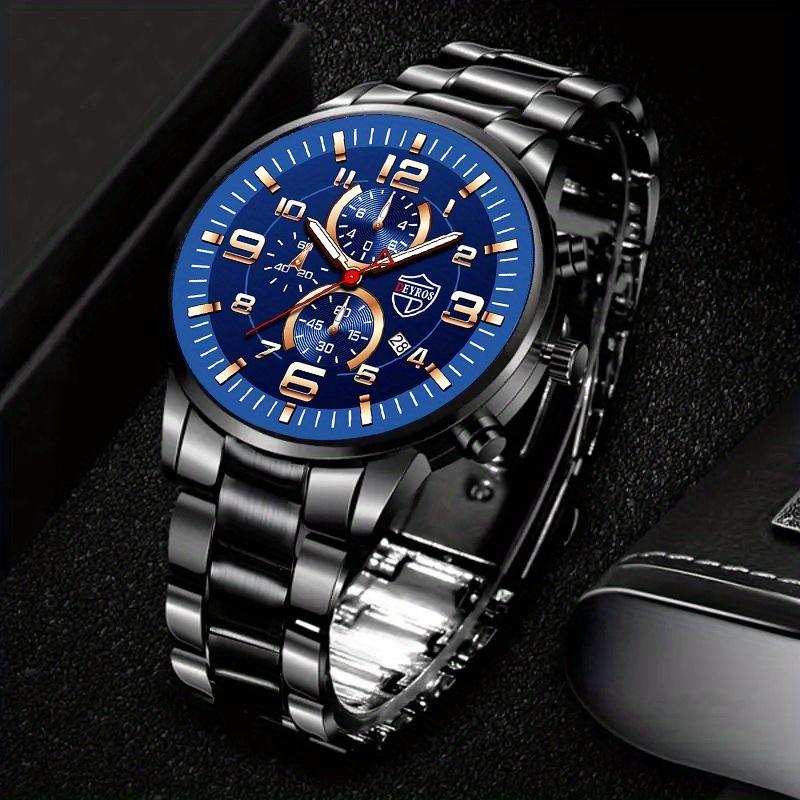 3pcs/set, Fashion Men's Sports Quartz Watch with Stainless Steel Wrist Watch & Bracelet Necklace Set, Men's Gifts