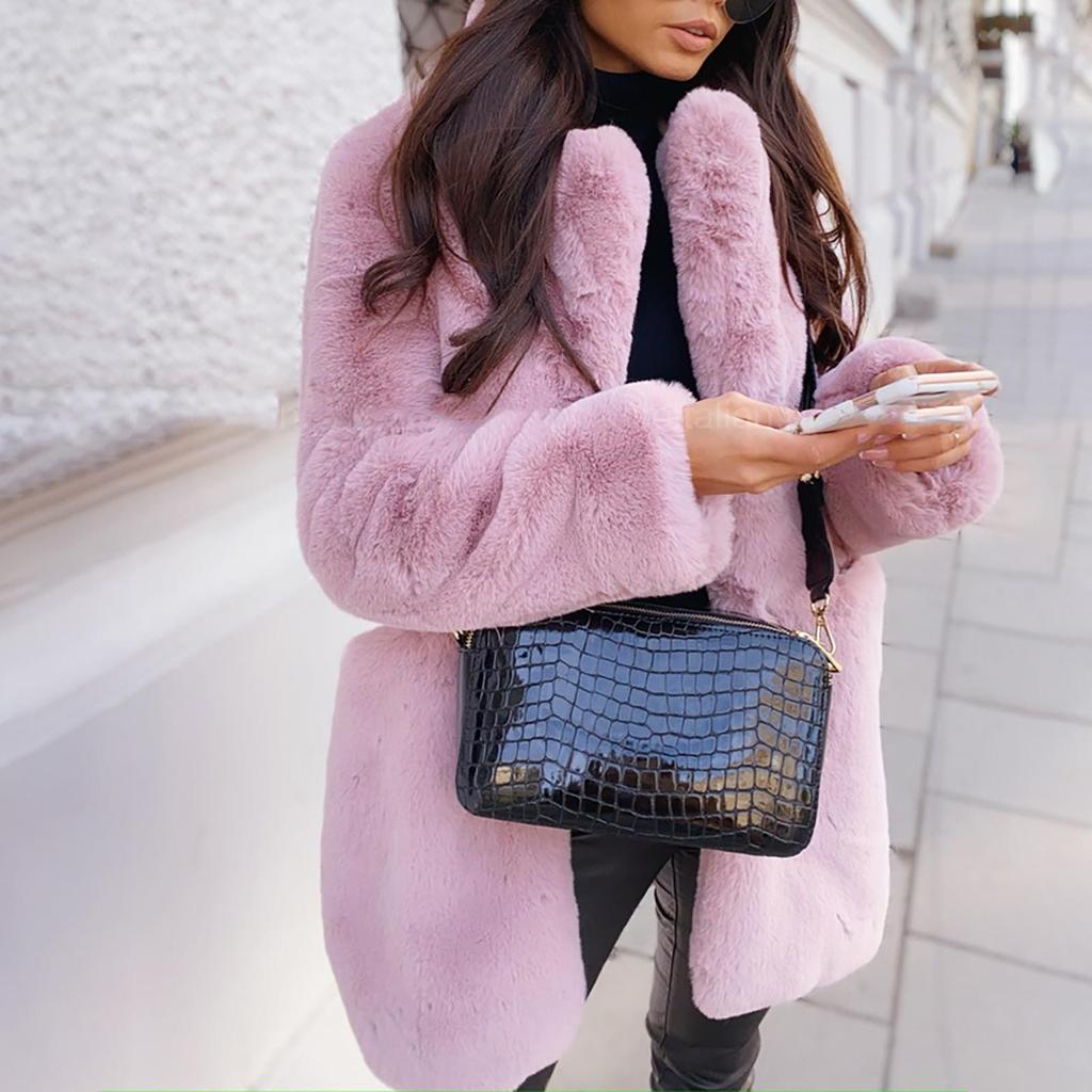 Warmer Damen-Mantel in Übergröße, einfarbig, Plüsch, langärmelig, Reversimitat