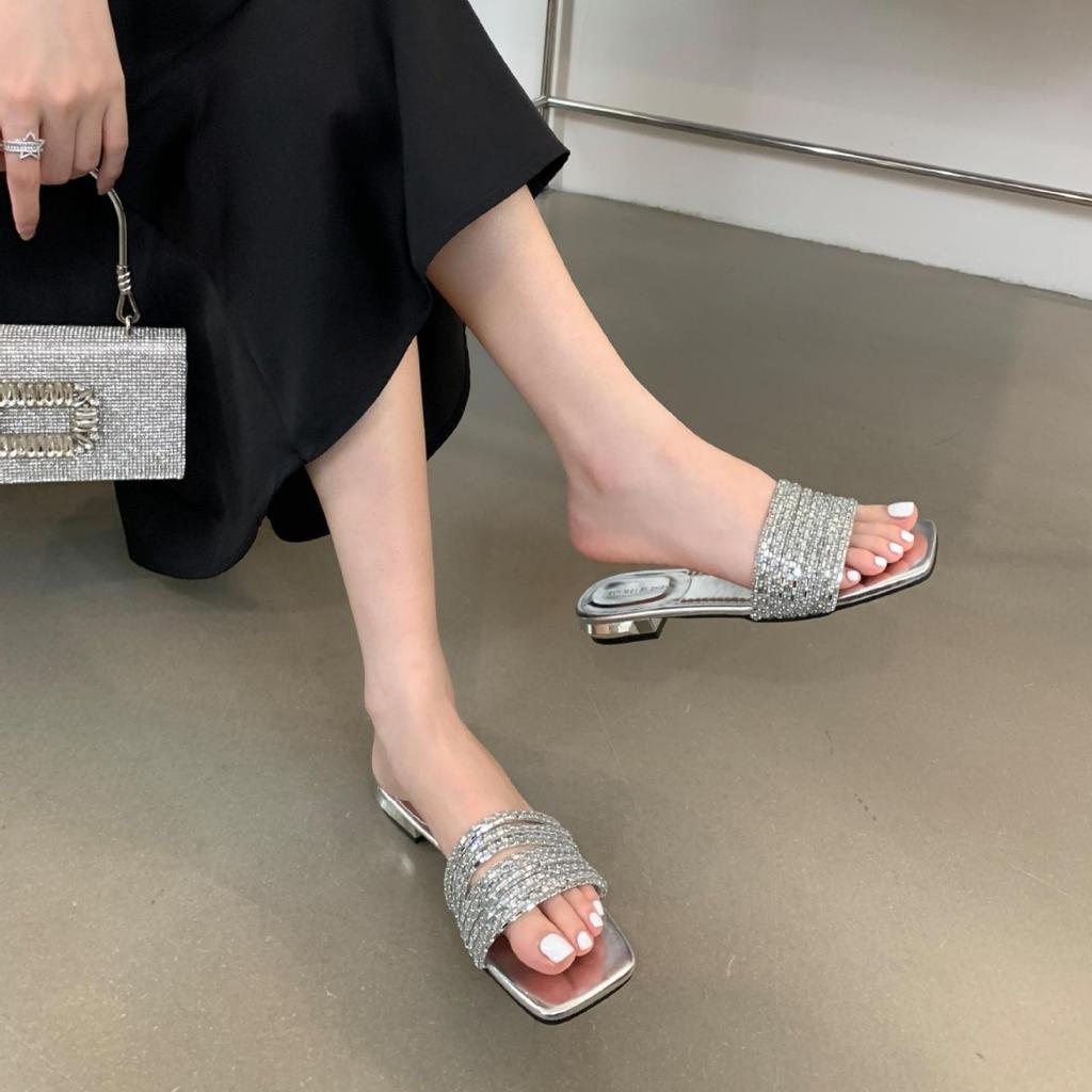 Square head open-toed solid color rhinestone thin belt low-heeled versatile fairy wearing flat-bottomed cool slippers