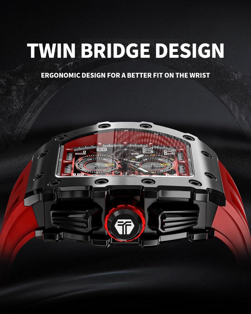 TSAR BOMBA Men's Tonneau Watch 50M Waterproof Sapphire Crystal Silicone Strap Japanese Movement Red Case Thickness 16.8mm