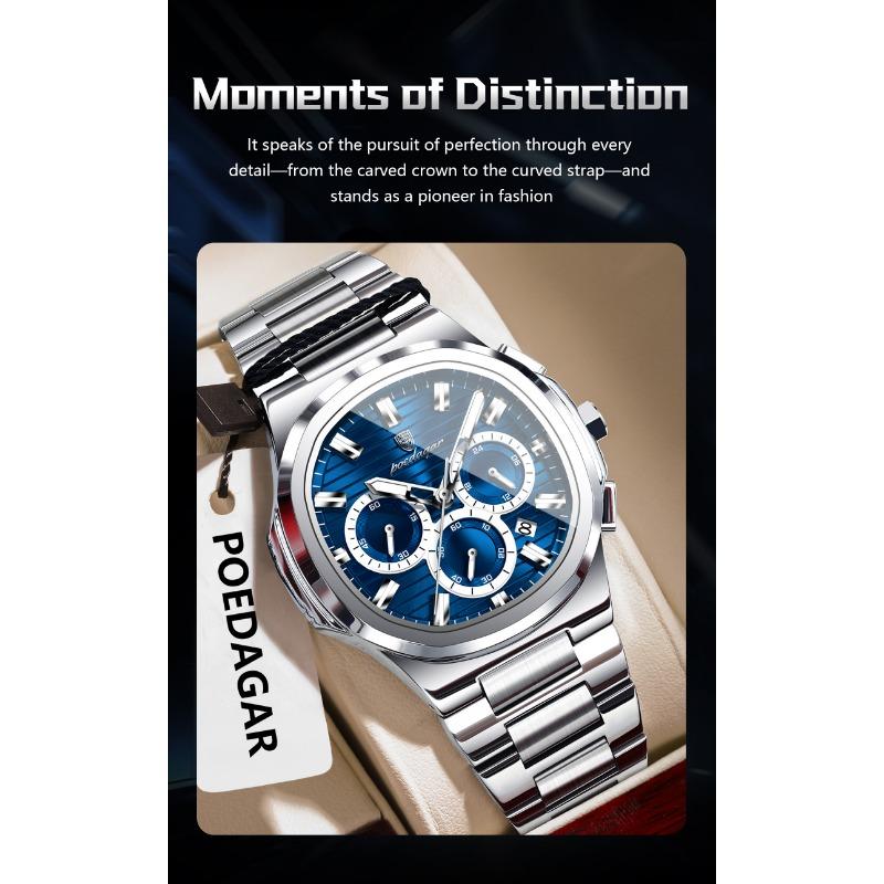POEDAGAR Business Man Wristwatch Date Chronograph Waterproof Luminous Luxury Watch Stainless Steel Quartz Watches Male