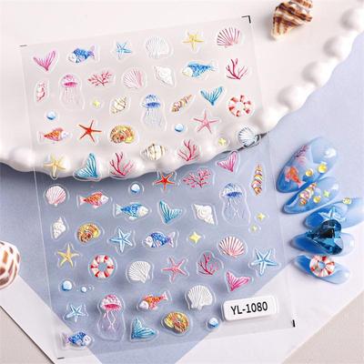1 Sheet Ocean Nail Art Stickers Summer Starfish Jellyfish Seashell Nail Decal Embossed Decoration Nail Art Supply Manicure Salon