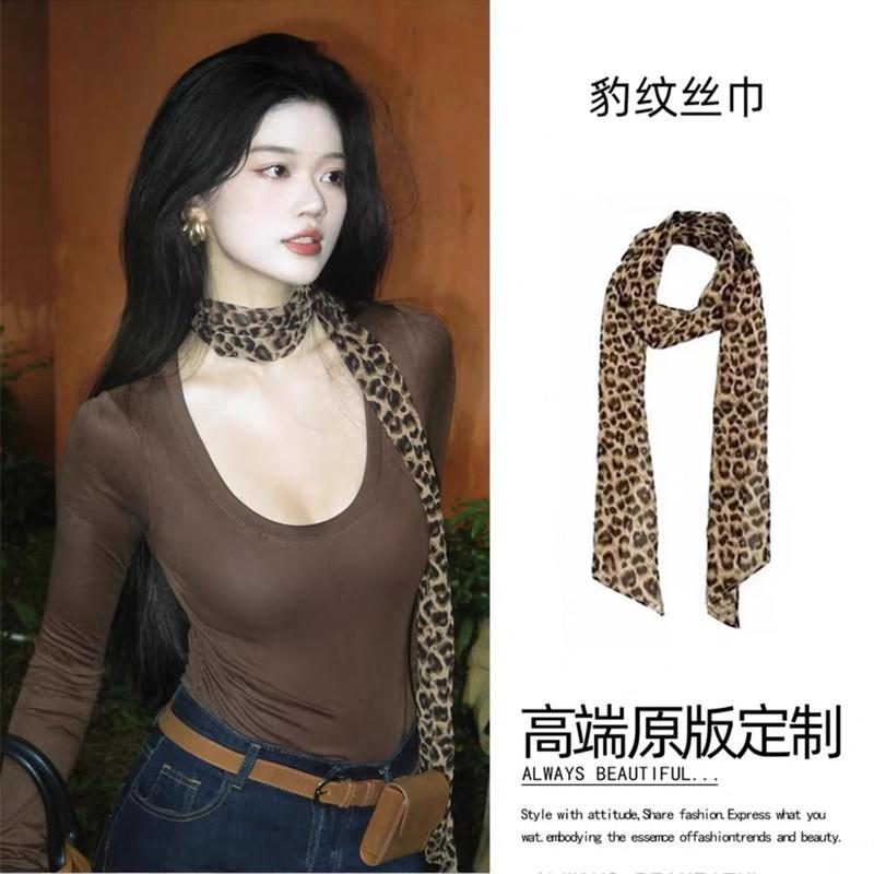 

Hot Girl Style Leopard Print Silk Scarf Sexy Hong Kong Style Neck Women s Long Scarf Accessories Scarf Neck Ribbon New Autumn and Winter Products