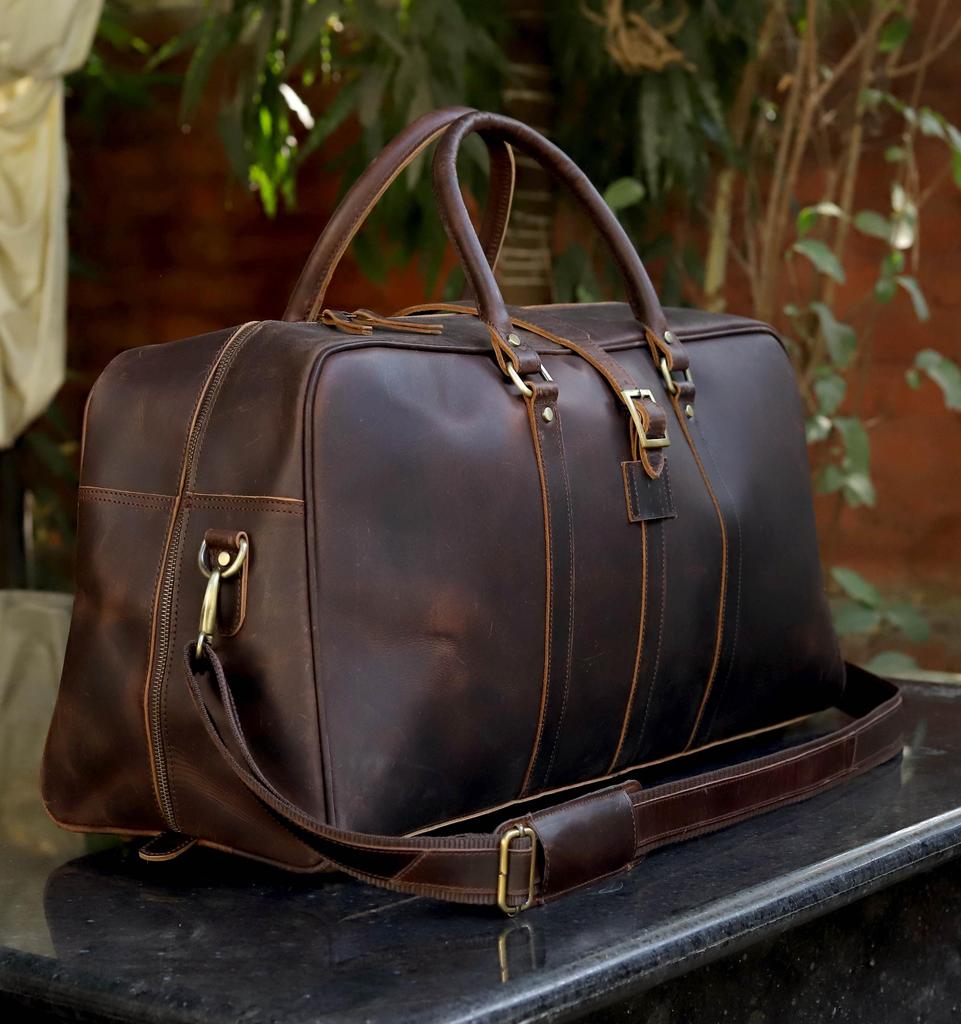 Personalized Leather Duffel Bag: Handmade Mens Weekender Travel Bag