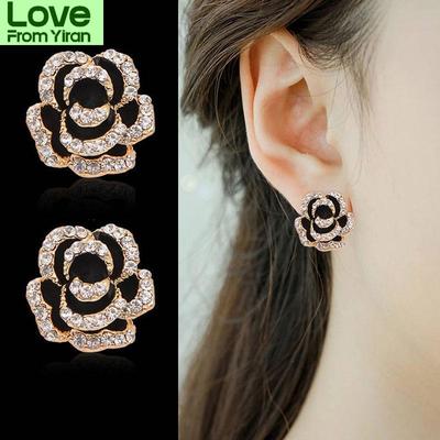 Famous Brand Flower Rhinestone Earring Luxury Boucles Jewelry Black Camellia Earrings Women Fancy