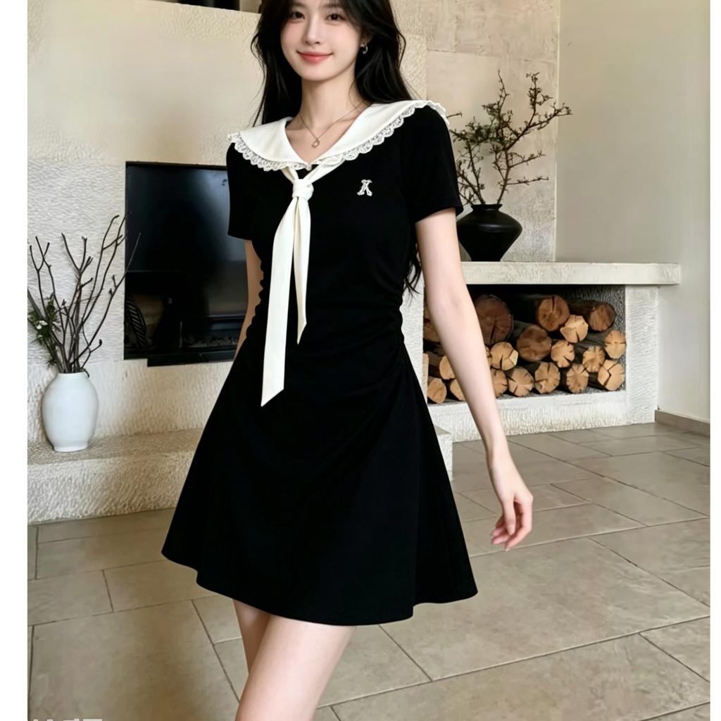 Doll collar lace-up dress for women's summer waist, thin age reduction, college style, girlish feeling, daily versatile short skirt