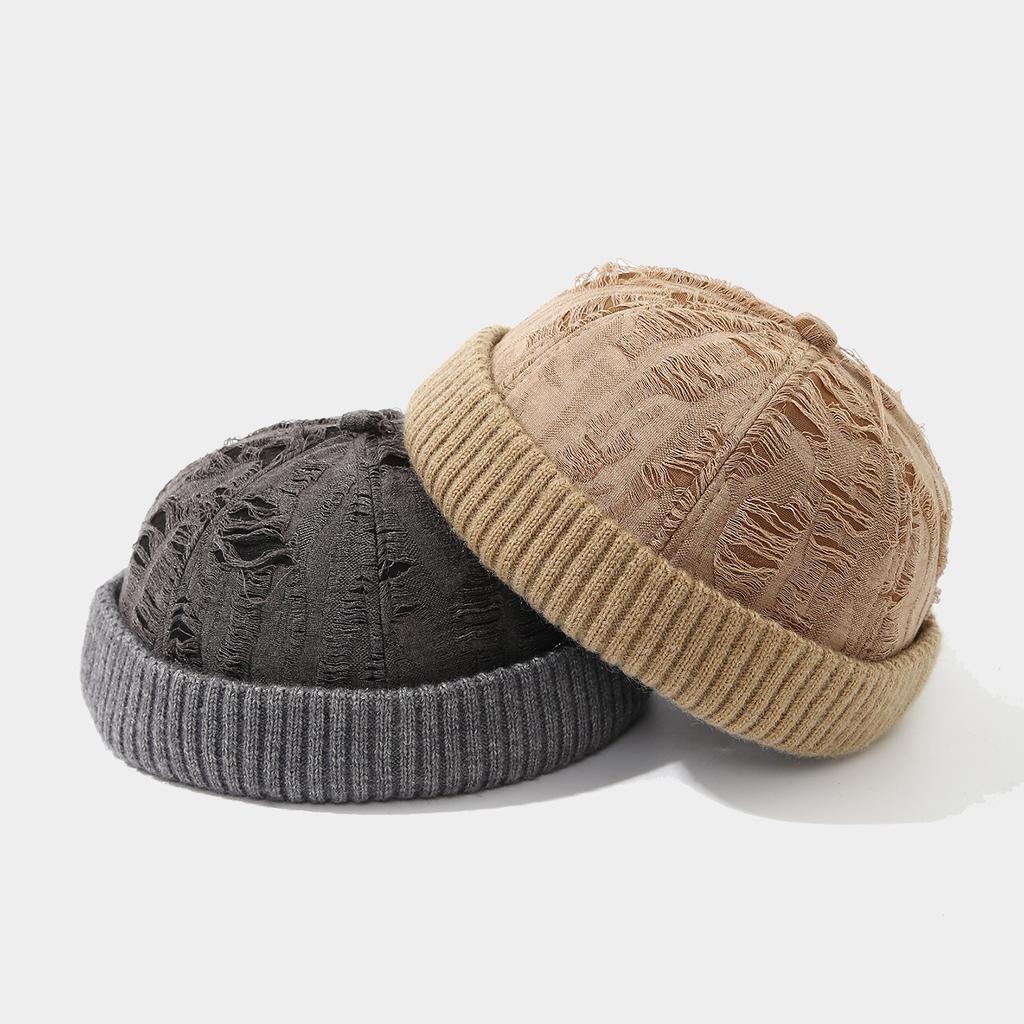 Trendy and Stylish Distressed Retro Color-Block Skull Cap - Autumn and Winter New Korean-Style Face-Slimming Beanie, Unisex Hat