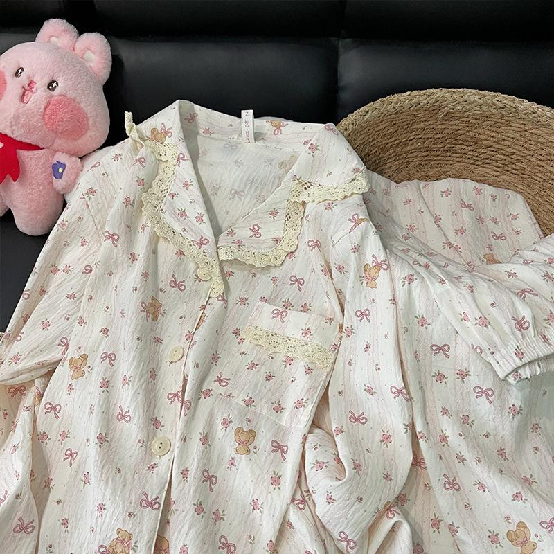 Spring New Pajamas Women's Cloud Cotton Lapel Cardigan Long-sleeved Trousers Sweet, Cute and Comfortable Loungewear Set