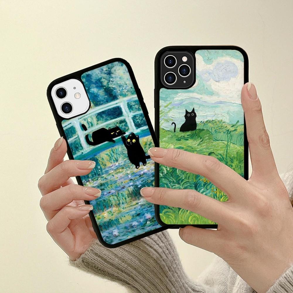 Cartoon Animal Black Cat Oil Painting Phone Case Silicone PC+TPU For For iPhone  11 12 13 14 15 16 Plus Pro Max Cover