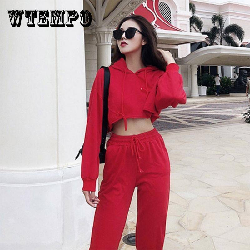 

Сплошной цветной костюм студентки, свободный пуловер с капюшоном, повседневный спортивный короткий топ, весенне-осенний костюм из двух предметов