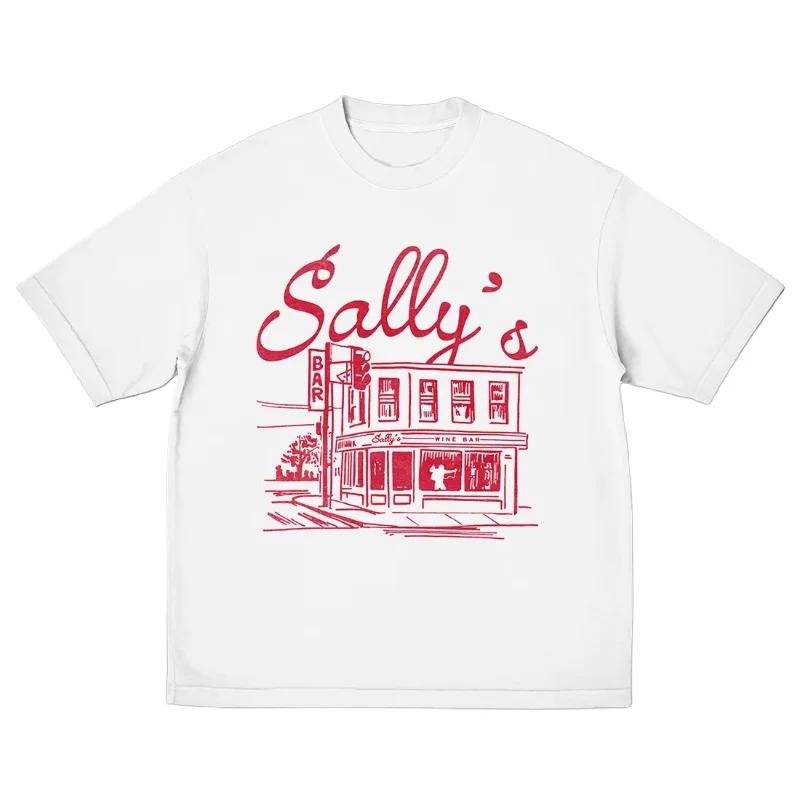 Summer Vintage Y2K Retro Sally's Wine Bar T-shirt for Men Women Fashion Hip Hop Short Sleeve Cotton Casual Top Streetwear Loose