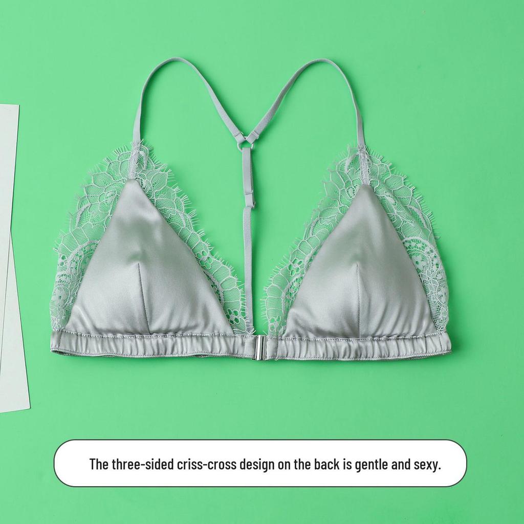 Women's Real Silk Satin Wireless Triangle Bra with Front Buckle and Beautiful Back Design