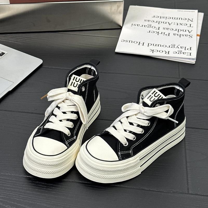 

6 парусиновых кед с высоким верхом на толстой подошве, женские, новые, летние, тонкие, дышащие, универсальные, студенческие, с толстой основной стелькой 40 чёрный