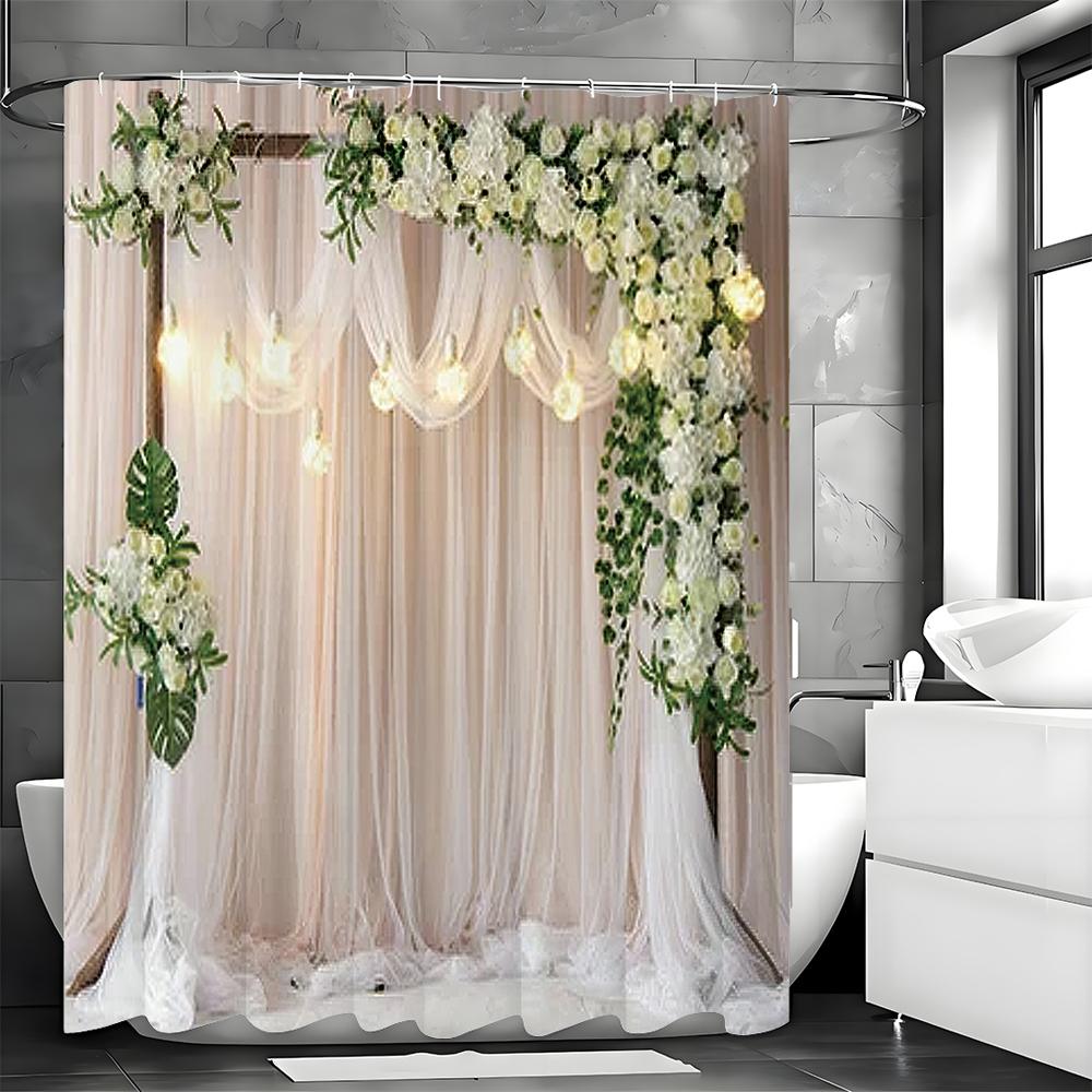 Warm Cure Small Scene Floral Colorful Lights Curtain Shower Curtain, Bathroom Decorative Shower Curtain, Waterproof Shower Curta