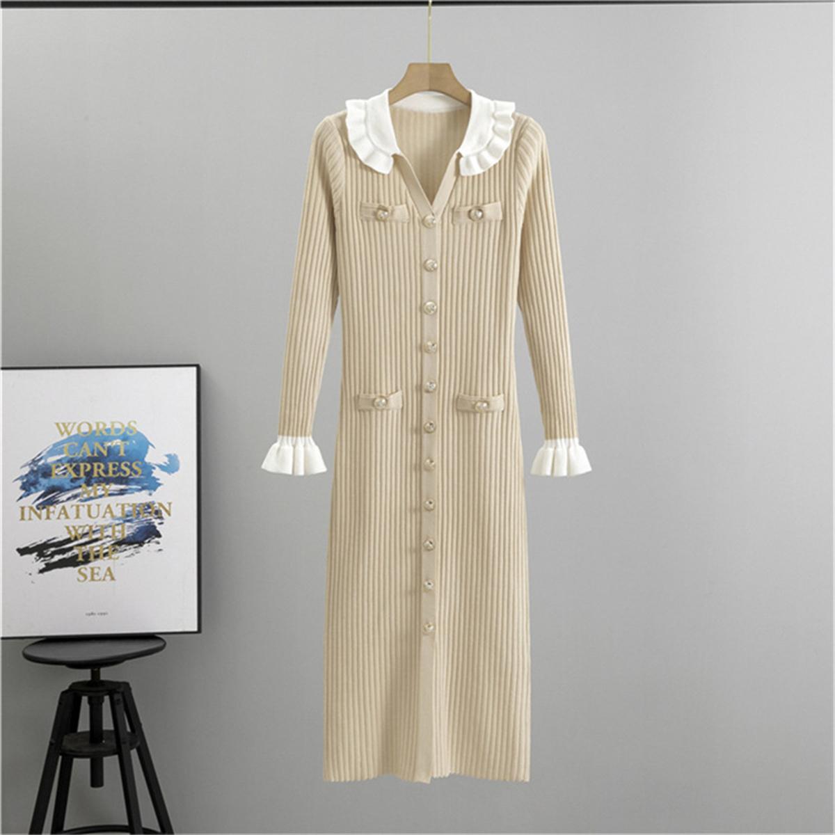 

Темперамент светской львицы с краем листа лотоса, модное и стройнящее вязаное платье, юбка средней длины для женщин на весну OneSize абрикосовый