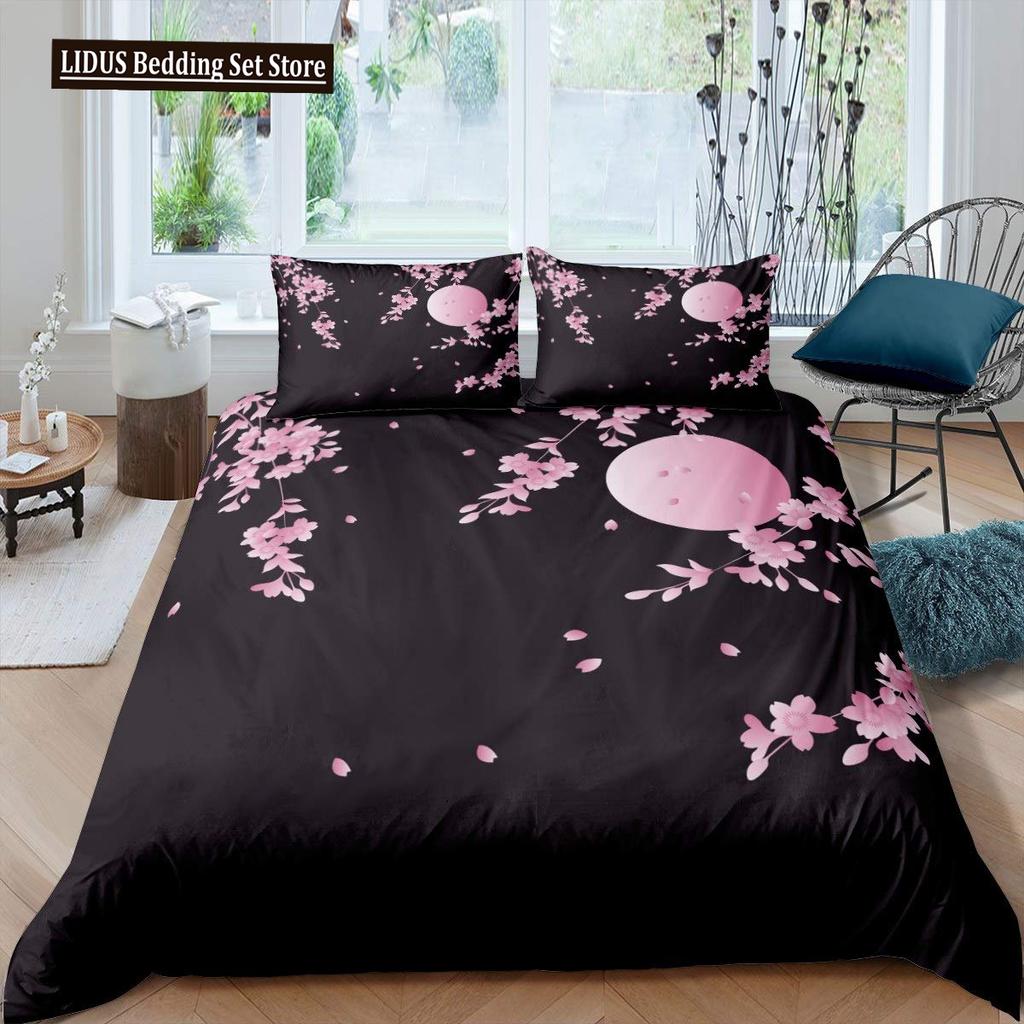 Japanese Duvet Cover Set,Branch Of A Flourishing Sakura Tree Flower Cherry Blossoms Spring Theme Art Japan Bedding Set Full Size