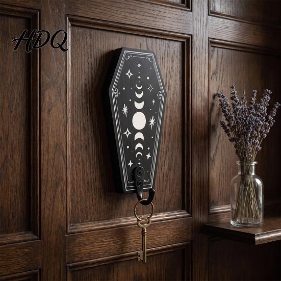 Gotischer Stil Wandaufbewahrung Halloween Holz Haken mit Mond Stern Skelett Mustern Dekorativer Retro Schlüsselhalter für Künstlerisches Holz Eingangsbereich Flur