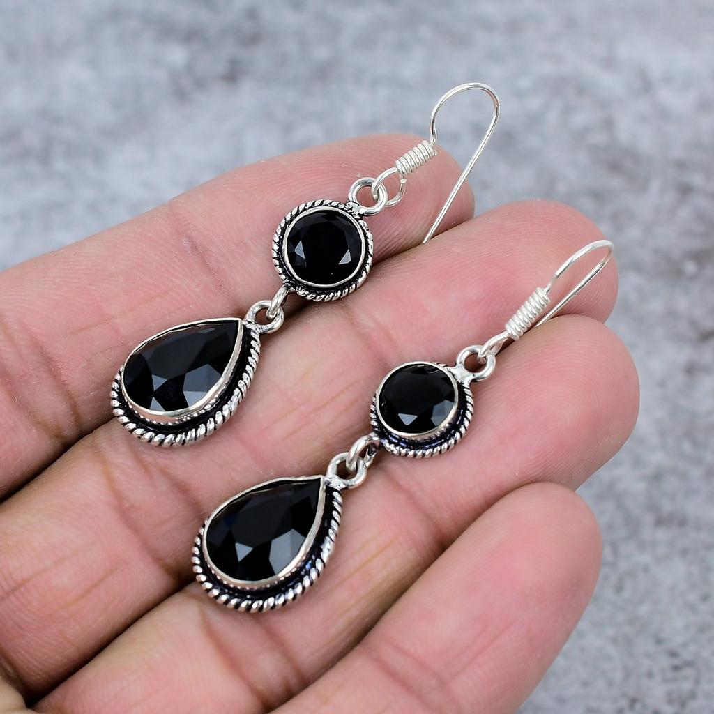 Black Spinel Gemstone Handmade 925 Sterling Silver Jewelry Earring 2.56" M-349