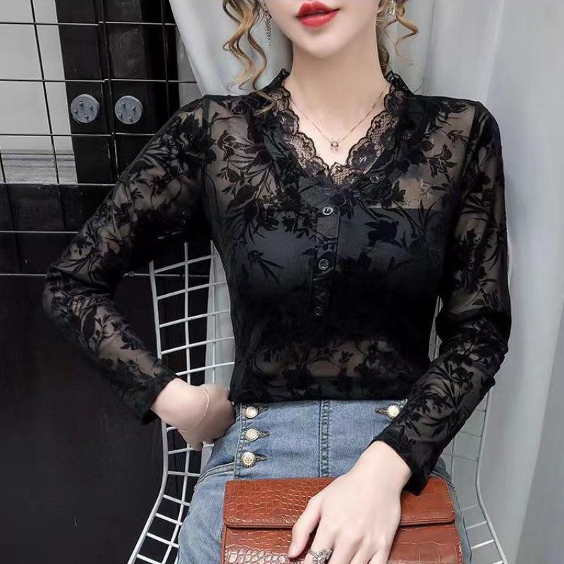 

Women s Slim Fit Mesh Top with Velvet Lace Collar - Long Sleeve for Spring, Autumn, Winter 2023 2XL 135-150 lbs