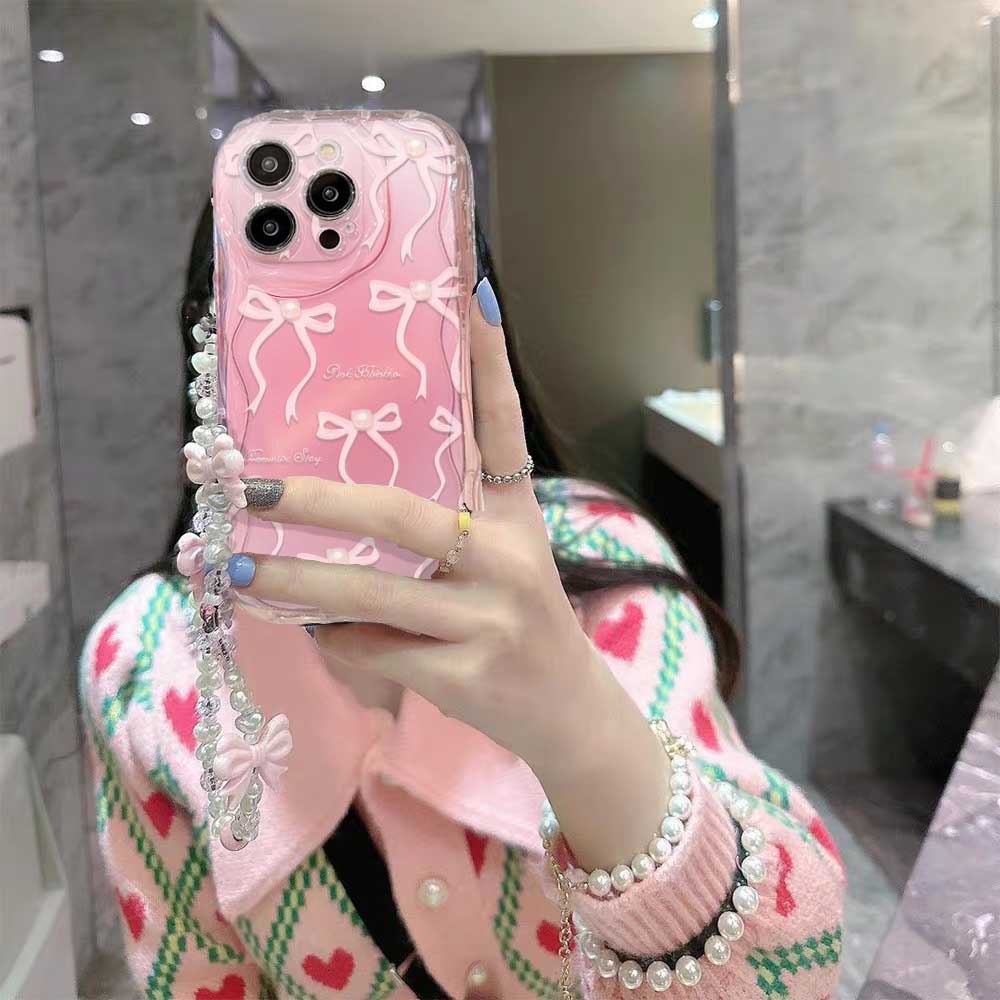 Pink Bow Pattern Chain Case For iPhone 17Air 16E 17 16 Pro Max 15 Plus 11 PRO Max Wave Side Silicone Soft Cover