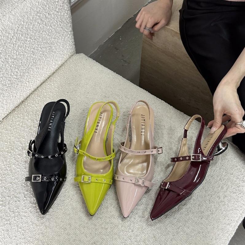 

European station large size single shoes women s new pointed high heel willow buckle bag head sandals 35 чорний