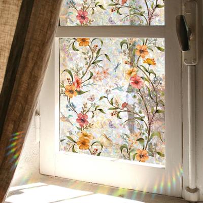Stained Glass Window Privacy Film Colorful Floral Glass Decals Anti UV Heat Control Non Adhesive Static Clings for Home Bathroom Bedroom Office Decor