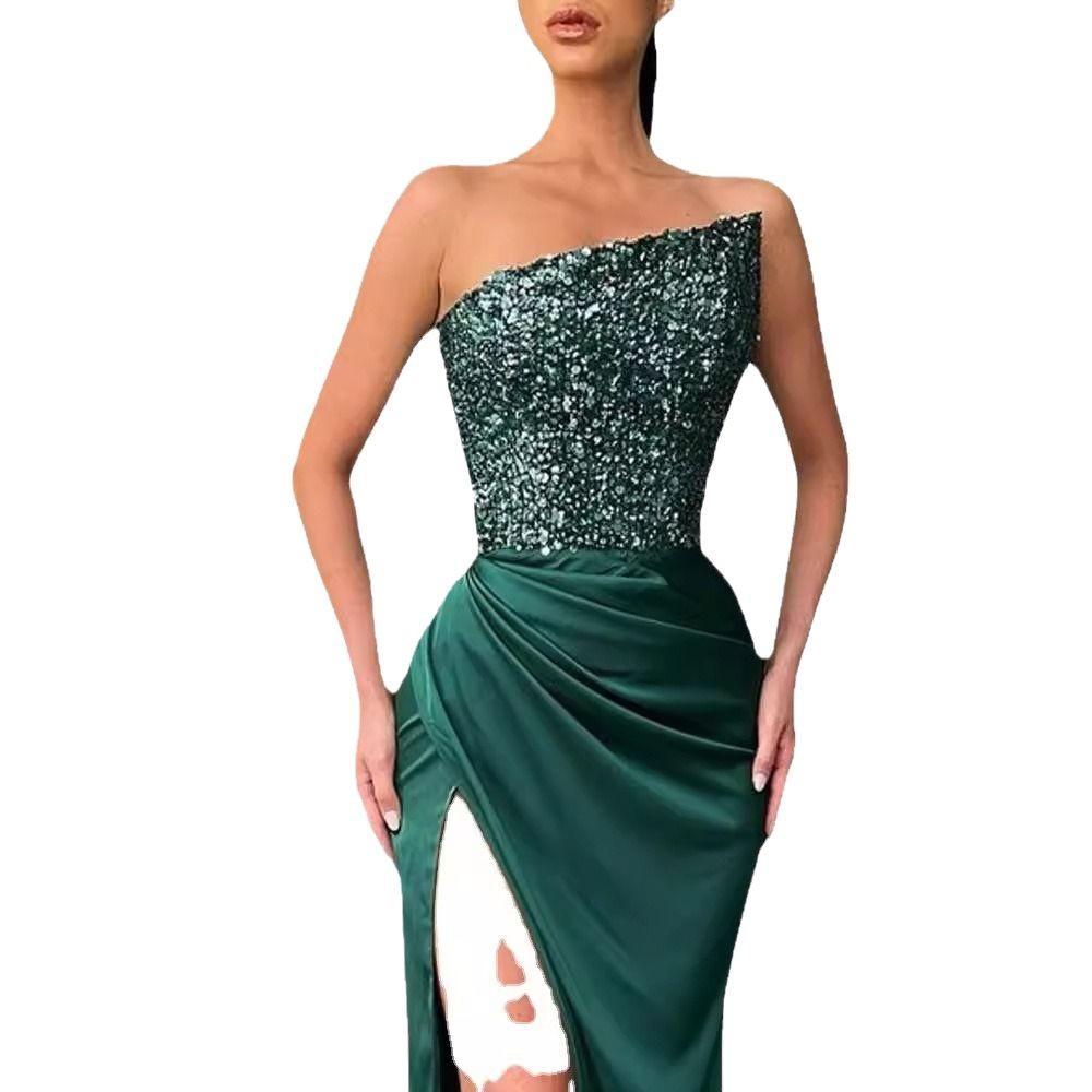 Abito da Sera Verde con Paillettes, da Fata, Lungo, Senza Maniche, alla Moda, che Esalta la Figura, di Media Lunghezza