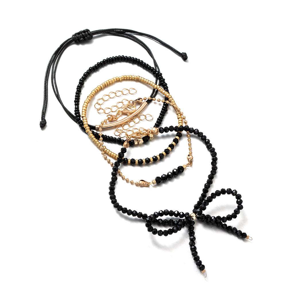5 fashionable and simple black glass bead bow bracelet with adjustable braided bead bracelet set