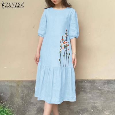 Women Casual Round Neck Half Sleeve Loose Embroidery Dress