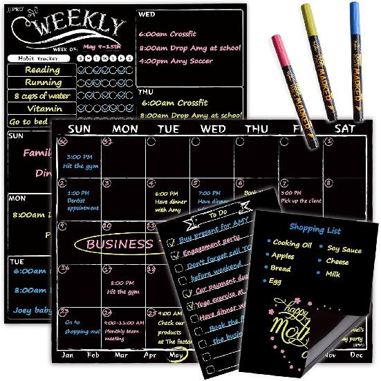 Magnetic Chalkboard Monthly Calendar with neon Bright Liquid Chalk Markers – Black Refrigerator Monthly Planning Board w/Bonus - Grocery List and