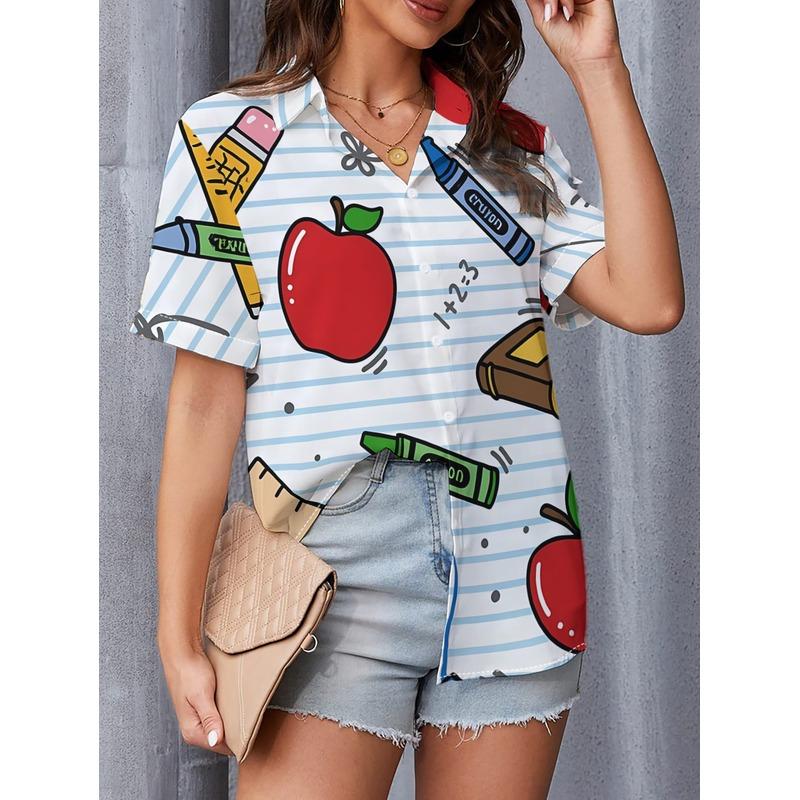 Women's Collar Shirt Short Sleeve Button Up Blouse Full Body Apple Print Machine Washable Casual Office Spring Summer Top