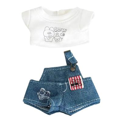 Niannyyhouse 10cm Plüschkleidung: Jeans-Latzhose, T-Shirt, Latzhose, Anzug, Baumwollpuppenkleidung, Ankleiden (blau)