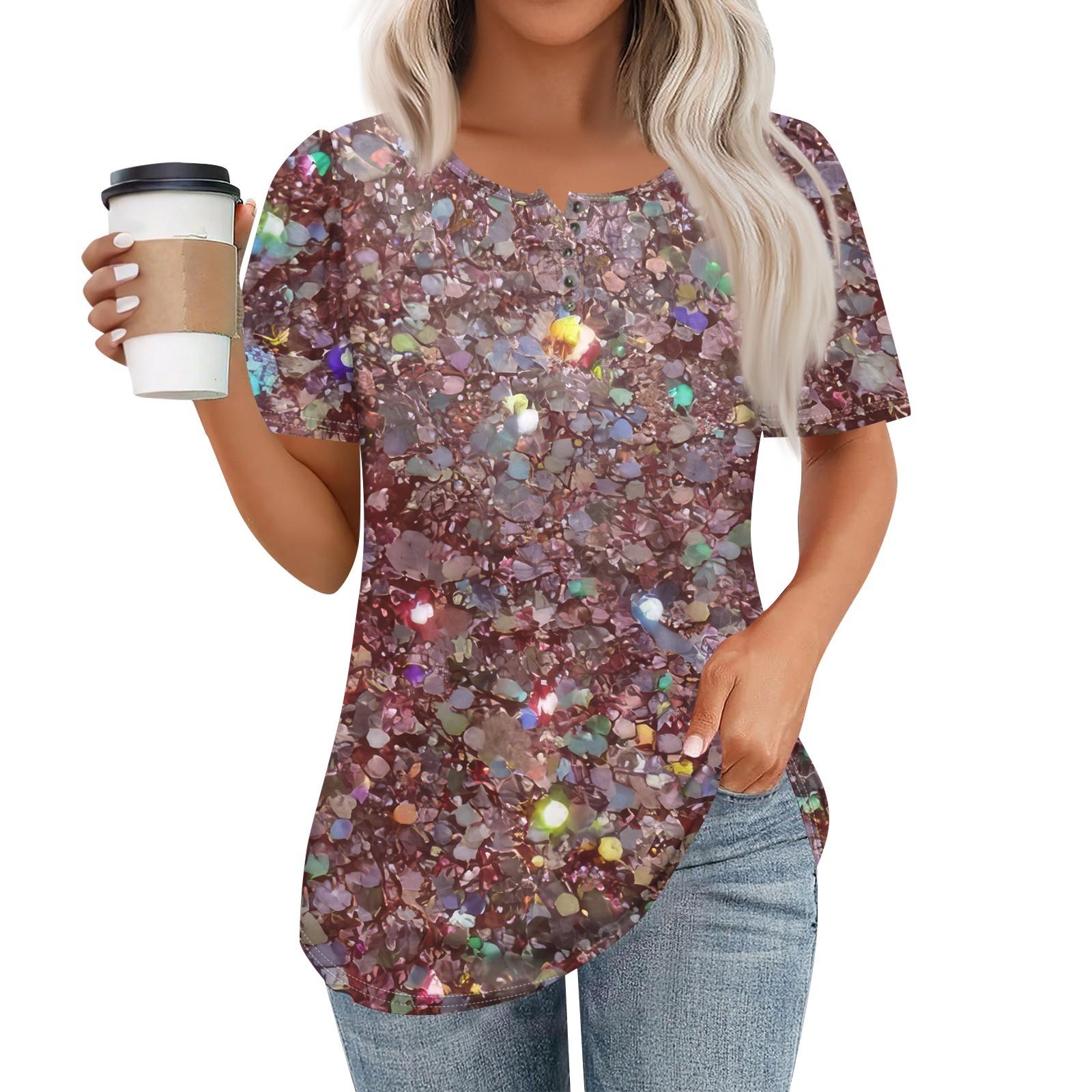 

Женский модный повседневный короткий рукав пуловер с принтом на пуговицах и круглым вырезом XL серебряный