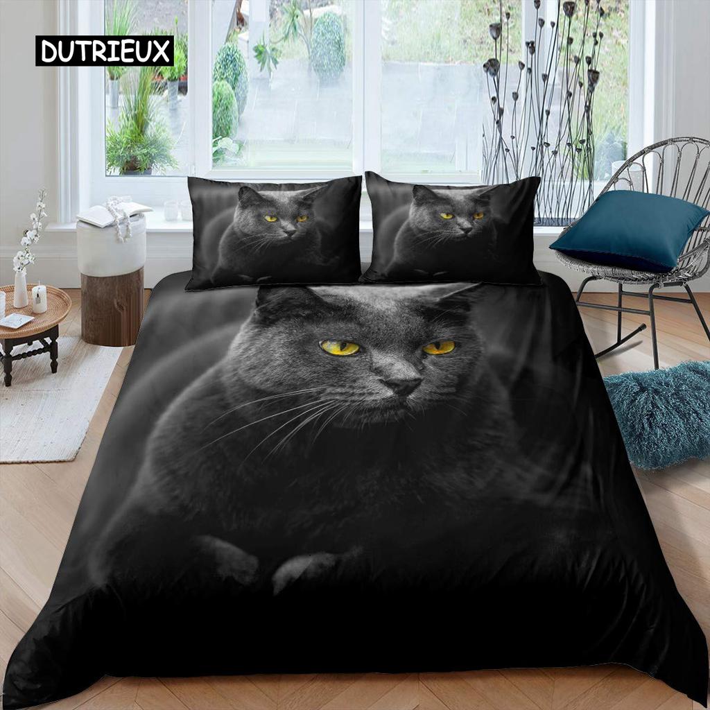 Zestaw poszewek na kołdrę dla kotów, wzór dla kotów, podwójny zestaw pościeli, uroczy kociak dla chłopców, poliester, tajemniczy czarny kot, poszewka na kołdrę w rozmiarze king size