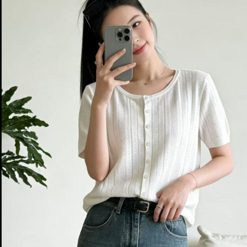 Summer Single-button Knitted Short-sleeved Cardigan for Women, Loose-fitting and Slimming, Unique Small Top