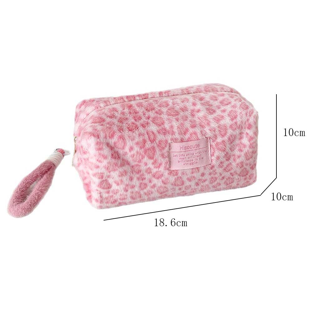 Plush Pink Color Leopard Print Schoolgirl Makeup Bag Large Cosmetic Tote Bag for Women Cute Portable Travel Hand Carry Organizer