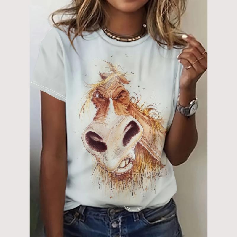 Cartoon-T-Shirt für Damen, Tiermuster-Druck, O-Ausschnitt, Oberteil, Outdoor-Mode, Damen-T-Shirts, Pullover, weibliches übergroßes Kleidungshemd
