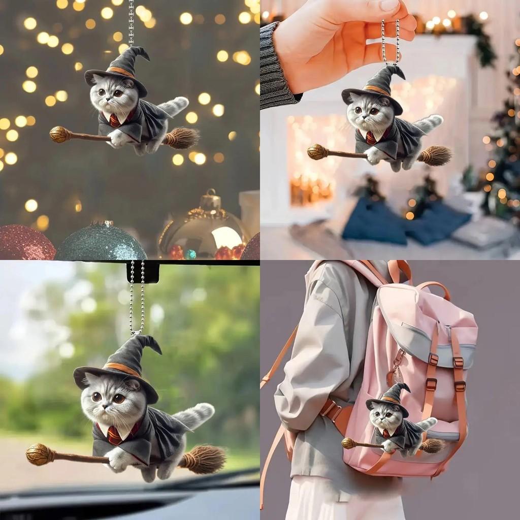 Acryl-Autodekorationen mit flacher Oberfläche und einem magischen Katzenmotiv auf einem Besen für den Fahrzeuginnenraum