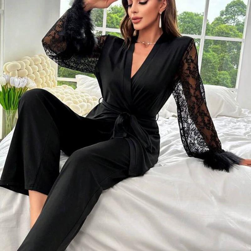 

Женские пижамные комплекты с кружевными рукавами, сексуальным V-образным вырезом, повседневная удобная одежда для сна, элегантные женские комплекты из двух предметов, эластичная талия 2XL чёрный