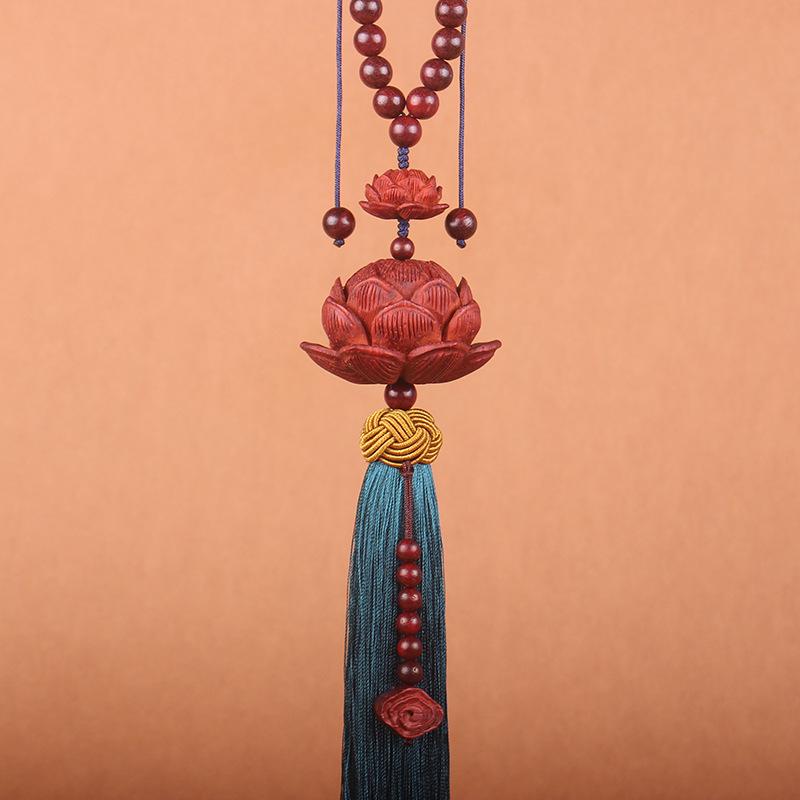"Sandalwood Double Lotus Rearview Mirror Pendant - High-End Car Interior Accessory"