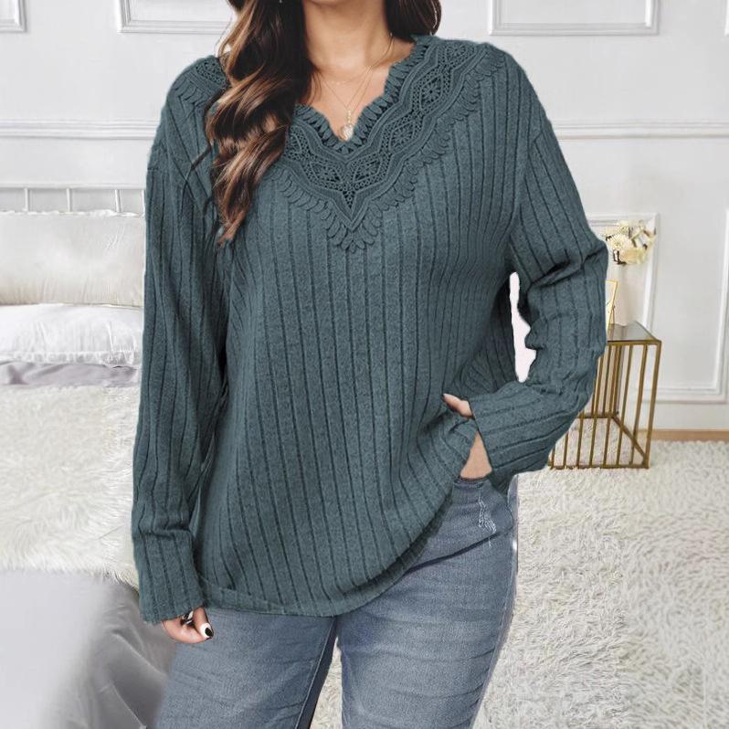 

Women s Clothing: Exquisite Lace Meets Vertical Stripe Aesthetics - V - Neck, Long - Sleeved, Loose - Fitting Knit T XL синій