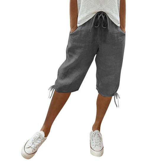 Women Shorts Elastic Mid-Waist Adjustable Drawstring Yoga Running Shorts with Pockets Solid Color Loose