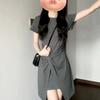 Classic French Style Grey Knit Short Sleeve Dress For Business Casual Women