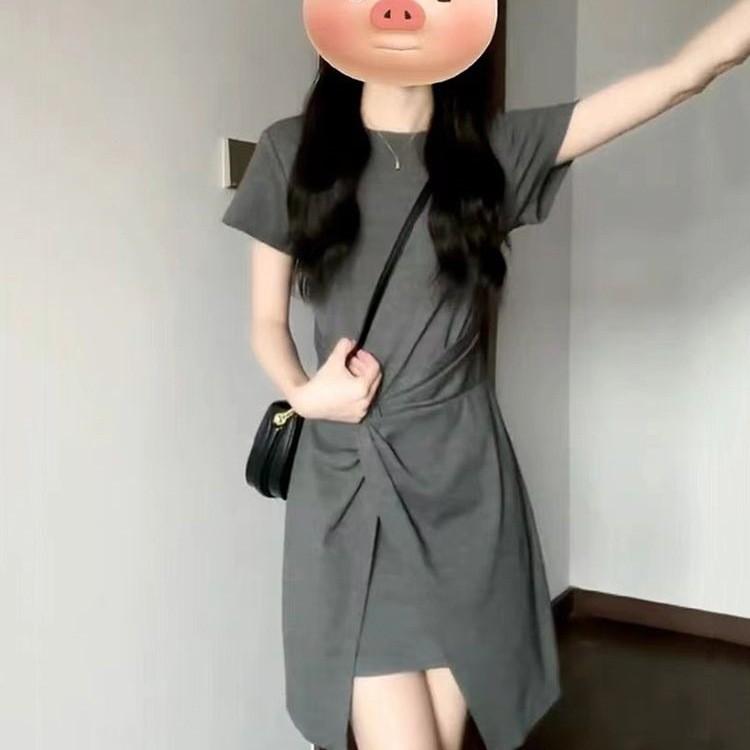 Classic French Style Grey Knit Short Sleeve Dress For Business Casual Women
