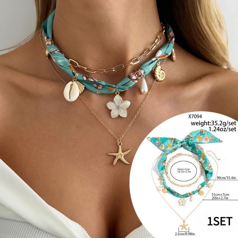 1SET European and American vacation ins shell starfish silk scarf stacked necklace, niche exotic love flower item jewelry women