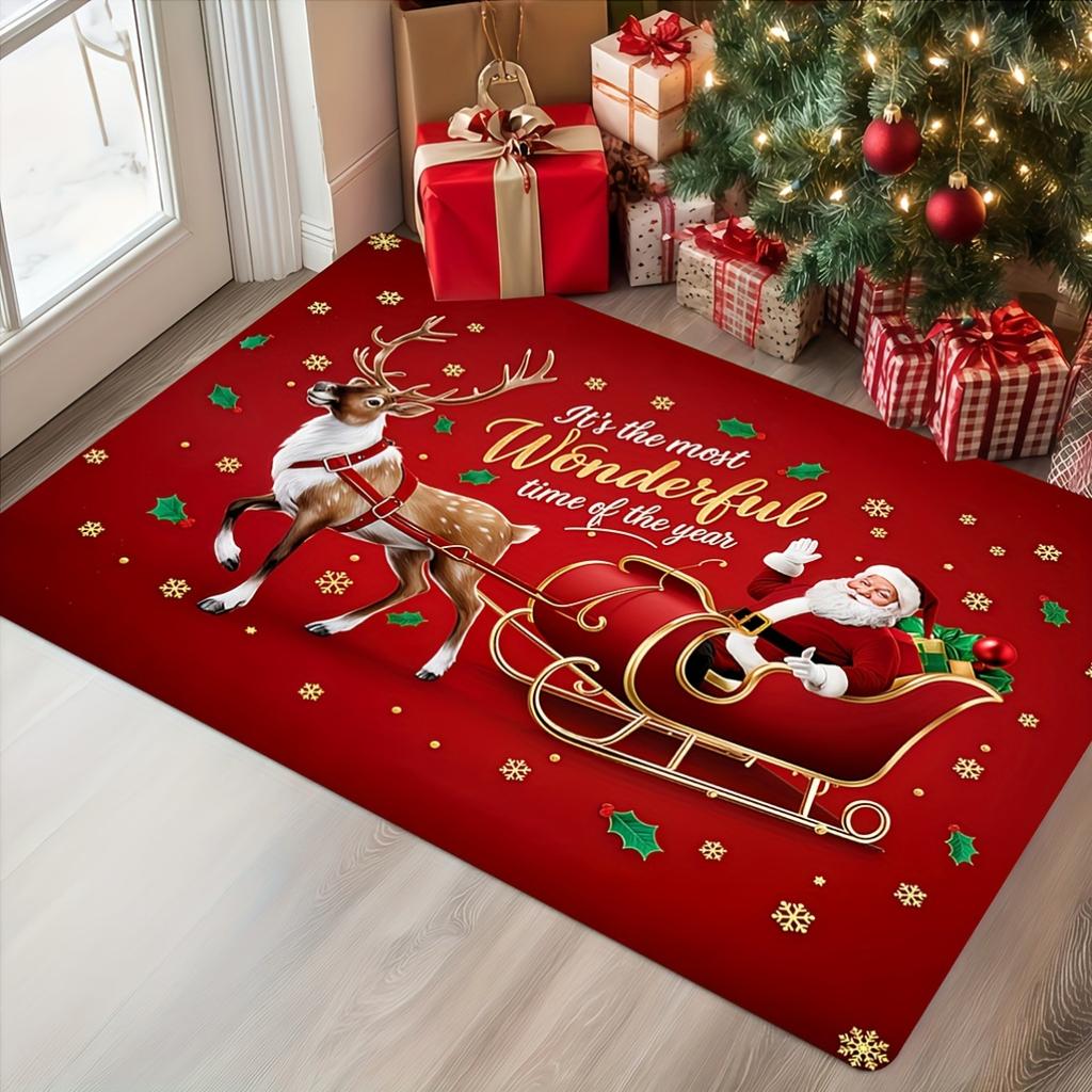 1Pcs Christmas Kitchen Rug, Santa Claus Reindeer Print Floor Mat, Non Slip Washable Carpet, Holiday Decorative Rug for Kitchen Entryway Home Decor