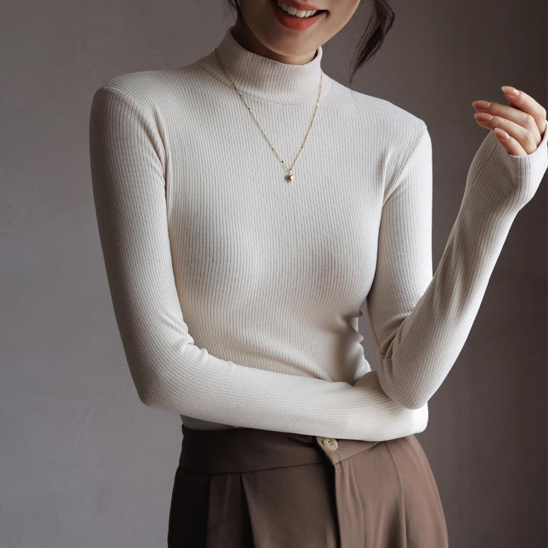 Autumn Winter Half High Collar All-match Bottomed Tee Women Long Sleeve Casual Fashion Pullover T-shirt Top