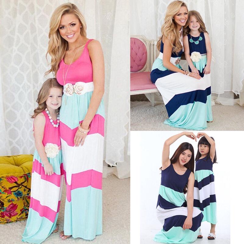 Stilvolles Boho-Streifen-Maxikleid für Mama und Kind, perfekt für lässige Partner-Looks