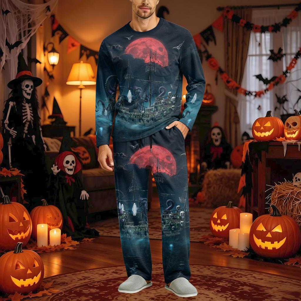 Men's Halloween Pajama Set Long Sleeve with Button Fly and Elastic Waist Drawstring for Sleepwear
