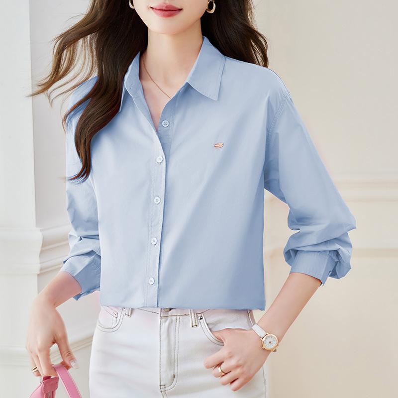 

Рубашка с длинным рукавом и карманом из чистого хлопка для женщин на лето, новый дизайн, нишевая рубашка XL синий